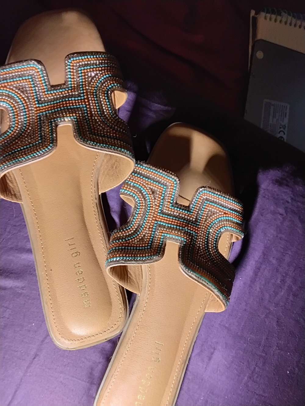 Steve Madden Tan Slide Mules with Turquoise and Brown Beaded Trim